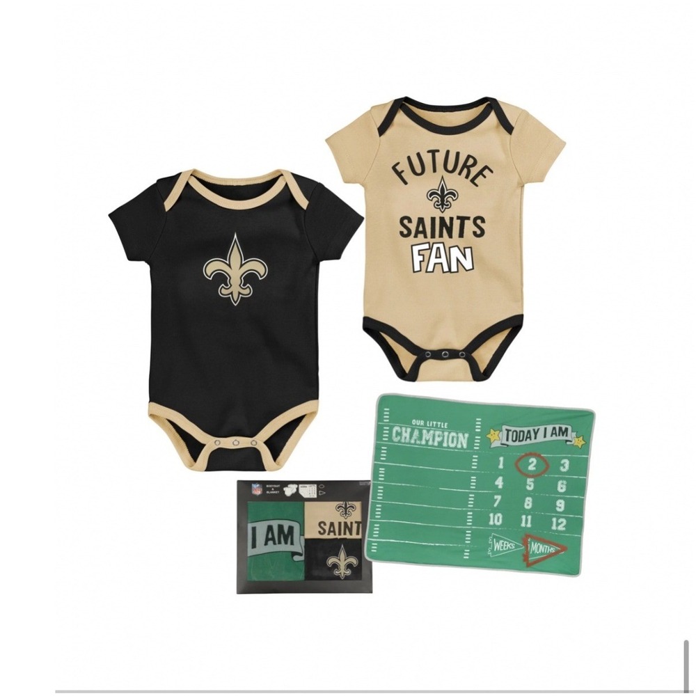 NFL New Orleans Saints Infant Bodysuit and Milestone Blanket Set Black Gold
